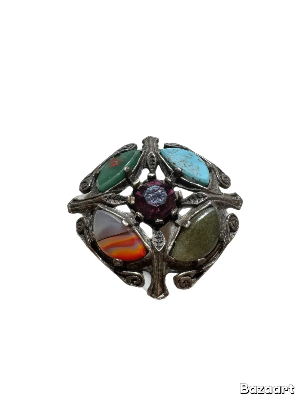 Vintage Multi-Stone Round Brooch with Turquoise and Carnelian Accent